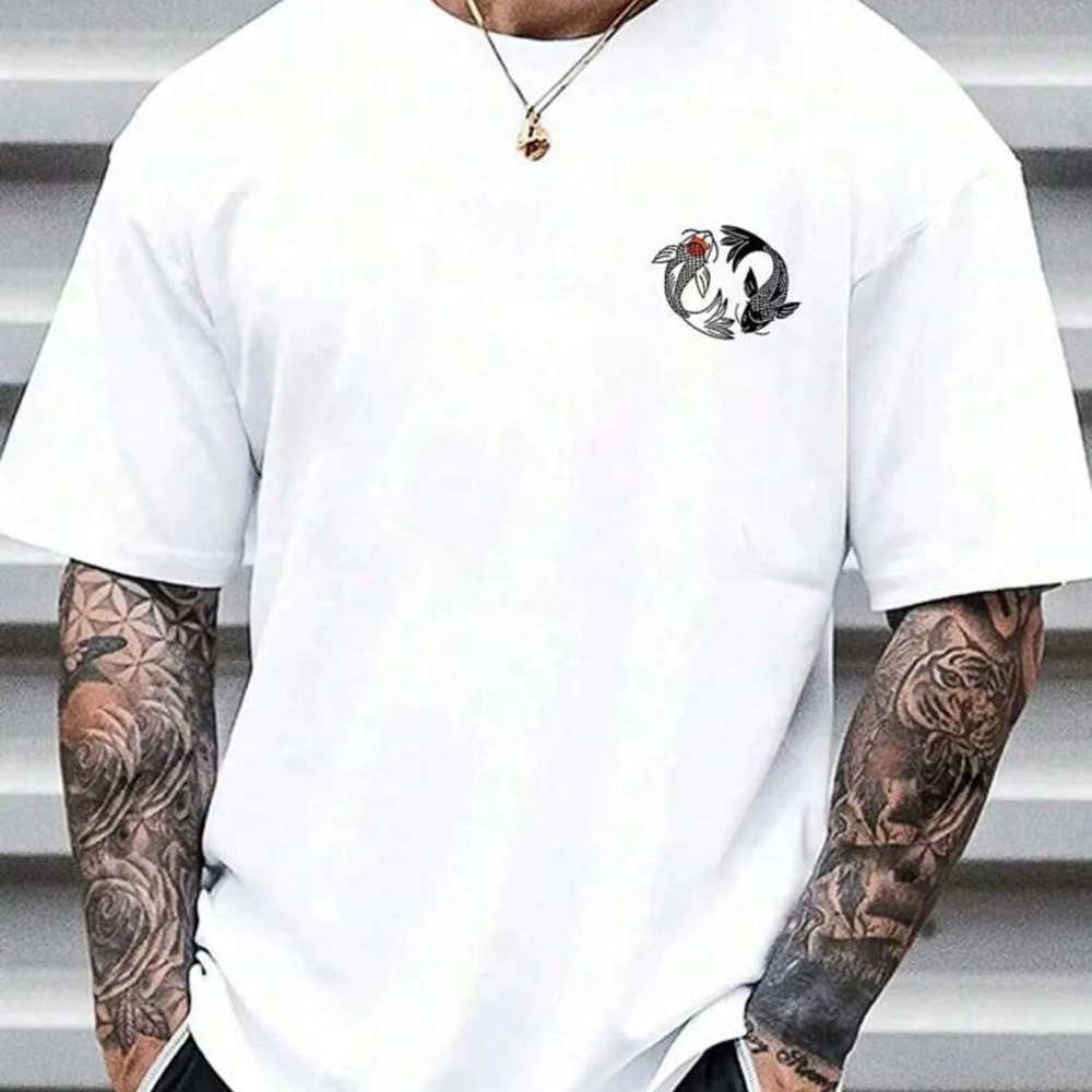 Men's Fashion Printed Loose Short Sleeve T-Shirt, Ying and Yang  Koi Fish